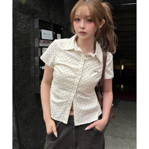 ブラウス シャツ 「7色展開  ラインストーン / ドット/ ストライプ / チェック」胸刺繍コンパクト半袖シャツ レディース