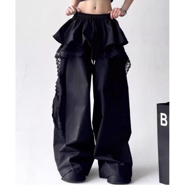 ワイドパンツ カーゴパンツ ウエストペプラムレース付きカーゴパンツ レディース
