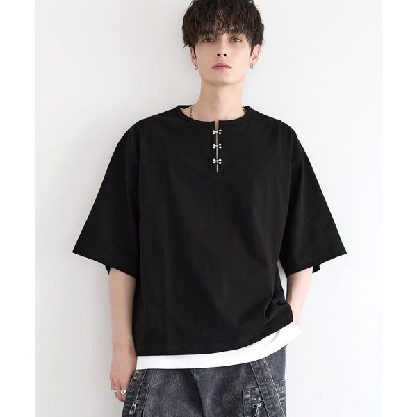 tシャツ シルバーパーツヘビーウエイトコットンヘンリーネックハーフスリーブカットソー メンズ レディ...