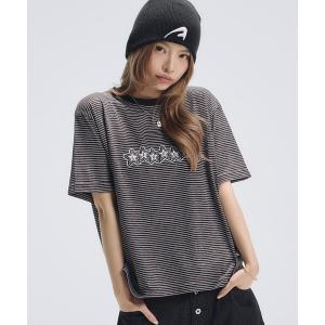 tシャツ グラフィックプリント短丈半袖スラブTシャツ　ボーダー メンズ レディース