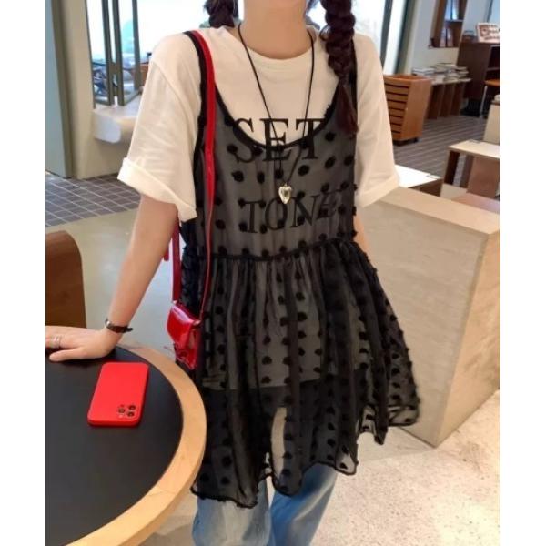 ワンピース ポルカドットチュールレイヤードワンピース