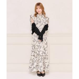 ワンピース 袖リボンアソート柄フリルワンピース