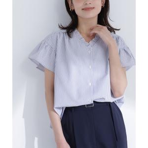ブラウス シャツ 半袖 ストライプフリルネックブラウス レディース