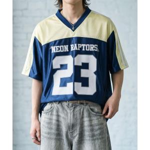 tシャツ 半袖 「84」ラグランデザイン メッシュ切替 Vネック ゲーム