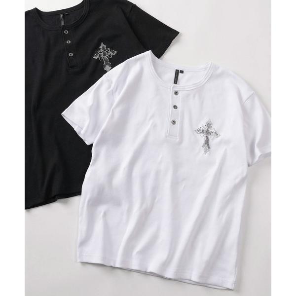 tシャツ 「82」クロスワンポイント ラインストーン テレコリブ ヘンリーネックTシャツ/ユニセック...