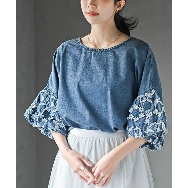 ブラウス シャツ ３Ｄレース袖デニムブラウス レディース