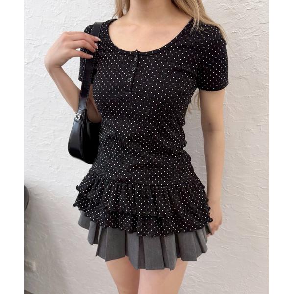 tシャツ ヘムフリルドット半袖トップス レディース