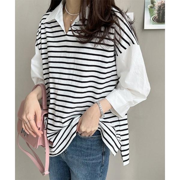 ブラウス シャツ ボーダーシャツデザイントップス レディース