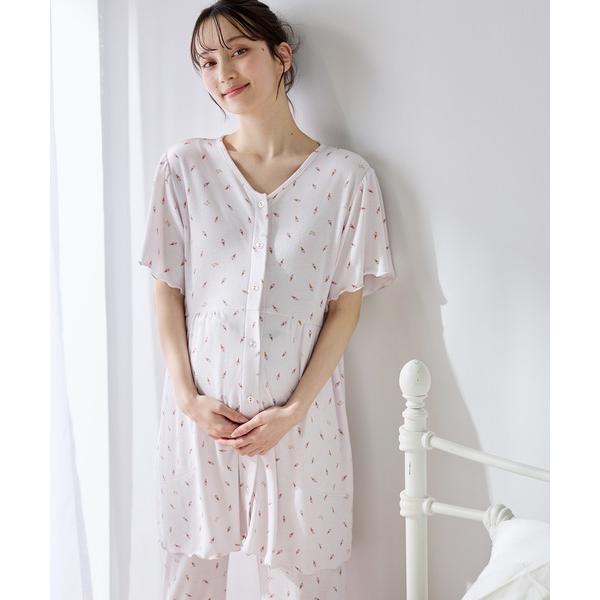 マタニティ ワッフル風アイス柄パジャマ/マタニティパジャマ（マタニティ/授乳服）上下セット 授乳口付...