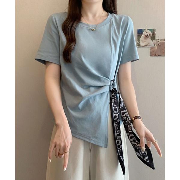 tシャツ アシンメトリードレープトップス / スカーフデザイン 半袖カットソー レディース