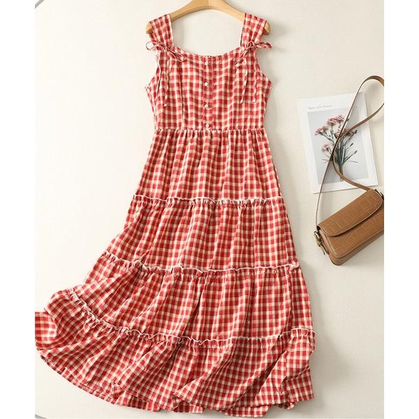 ワンピース ギンガムチェックリボンショルダーティアードワンピース