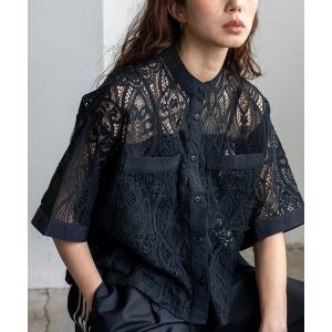 ブラウス シャツ レースシアー半袖ルーズシャツ クロップド丈 バンドカラー 夏服 レディース