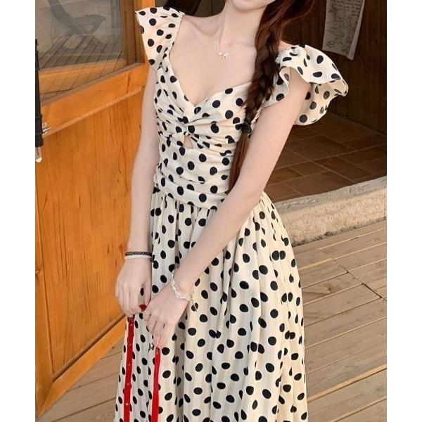 ワンピース ウエストマークポルカドットキャミワンピース