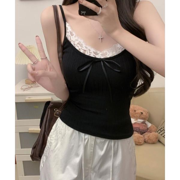 キャミソール フロントリボン レーストリミング リブキャミソール