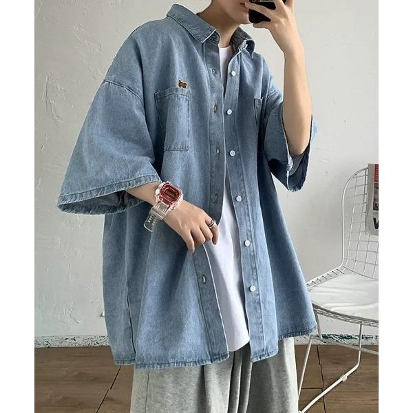 シャツ 「UNISEX」ワンポイントオーバーサイズ ライトデニム ハーフスリーブシャツ メンズ レデ...