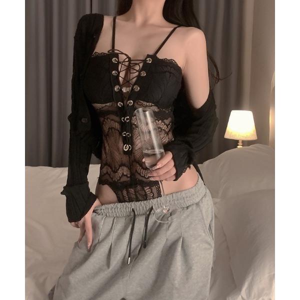 シアーレースアップコルセットボディスーツ