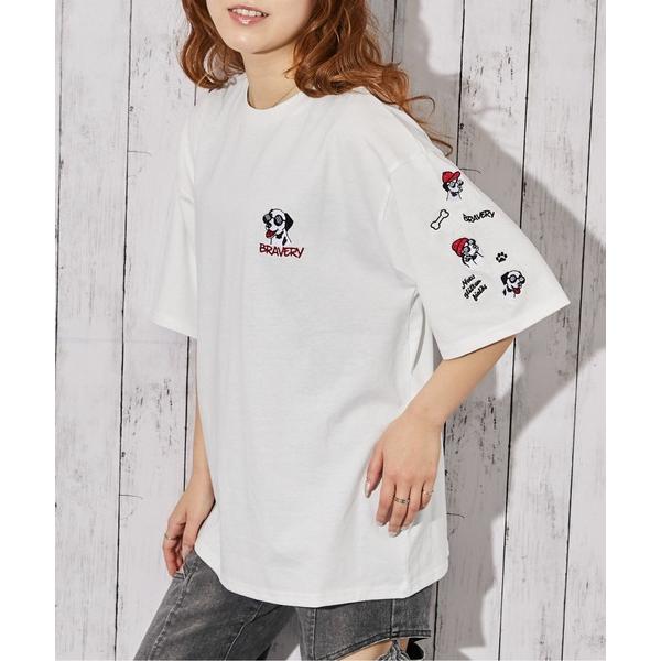 tシャツ 「ドッグ刺繍×袖刺繍デザイン」Tシャツ／ストリート／春夏秋／全3色 レディース