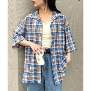 シャツ 半袖 「ユニセックス」パナマ織り/袖配色/クロス半袖チェックシャツ メンズ レディース
