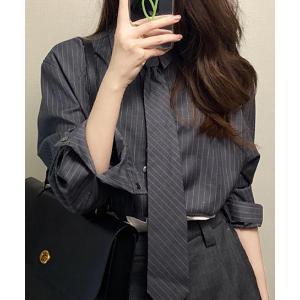 ブラウス シャツ ネクタイ付きピンストライプシャツ レディース メンズ