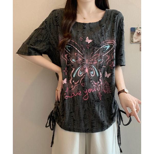 tシャツ バタフライプリント ダメージデザイントップス レディース