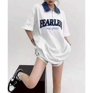 tシャツ 半袖 デニム襟ハーフジップトップス レディース