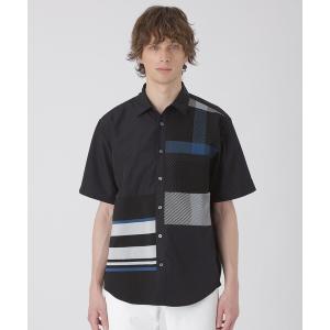 シャツ パネルチェックハイブリッドハーフスリーブシャツ メンズ