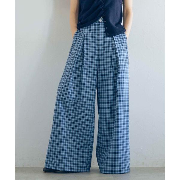 ワイドパンツ スラックス パンツ ミニチェックワイドパンツ レディース