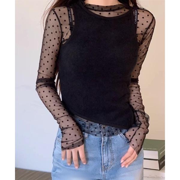 tシャツ ドットシアーカットオフカットソー 長袖 Y2K(MA/EK151) レディース