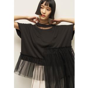 tシャツ 半袖 アシンメトリーチュールデザイントップス レディース