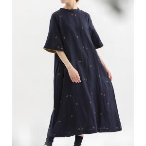 ワンピース 夏 半袖 リネンレーヨン刺繍フレアースリーブワンピース