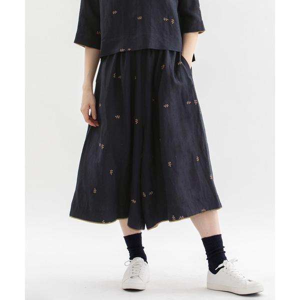 ワイドパンツ パンツ リネンレーヨン刺繍ガウチョパンツ レディース