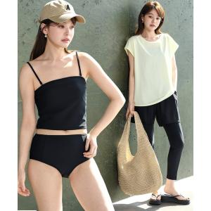 水着 体型カバー 「5点セット/大きいサイズ有/2WAYベアトップ」フレンチスリーブトップス+クロップド丈キャミキニ+スリット入りレギンス レディース水着