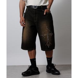 ジーンズ 「NYS」クロスモチーフ スタッズ デニムハーフパンツ ショーツ メンズ レディース
