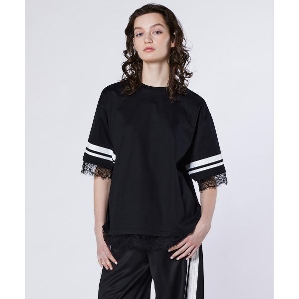 tシャツ 半袖 シングルジャージ袖ラインレースTシャツ レディース