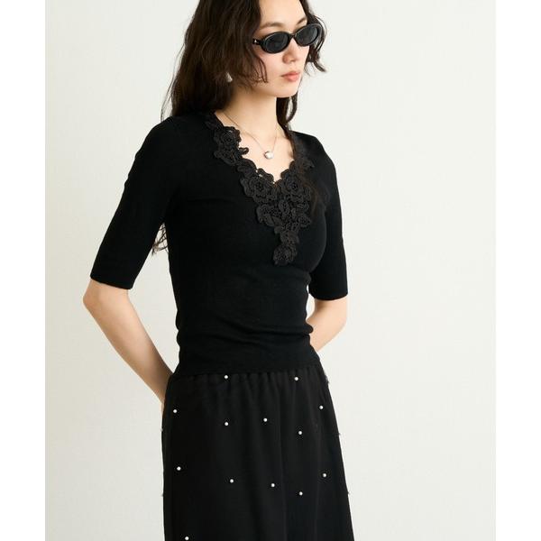 ニット セーター Vラインレースソフトタッチリブニット レディース