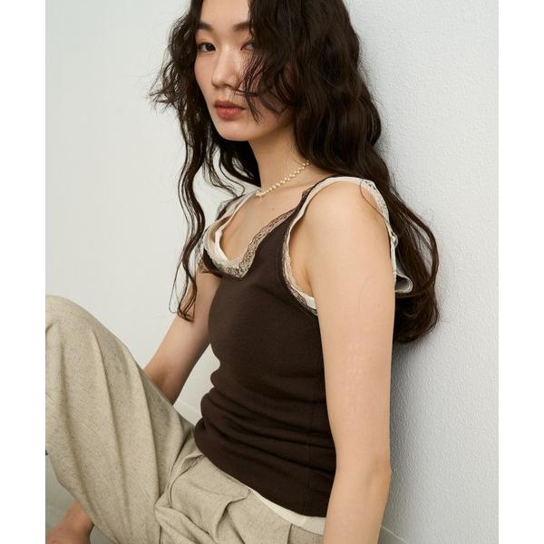 タンクトップ ノースリーブ ソフトタッチ2WAYレーストリムニットタンク レディース