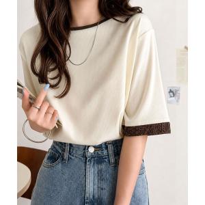 tシャツ 半袖 異素材と配色で上品に華やぐ。ふくれジャガード×リブの大人可愛いハーフスリーブトップス（半袖） レディース