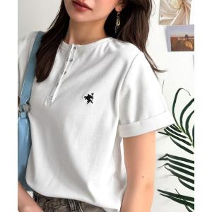 ヘンリーネック tシャツ 半袖 すっきり華奢魅せ。袖ロールアップ胸刺繍入りヘンリーネックリブTシャツ (半袖) レディース