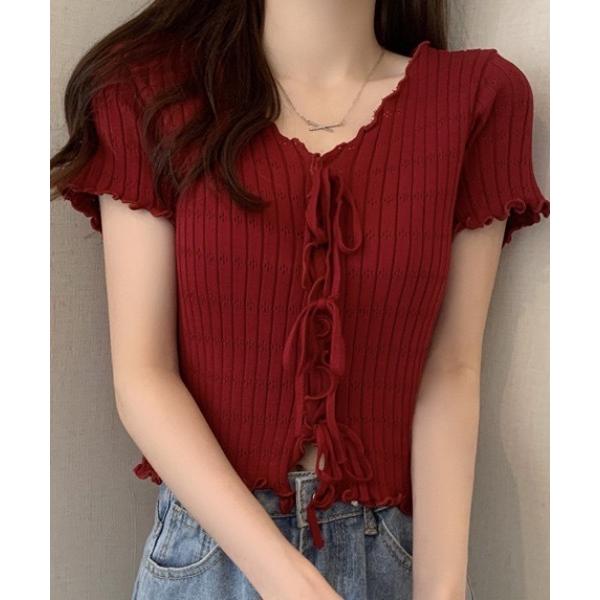 tシャツ フロントリボンメロウリブリボンVネックニットソー 半袖 レディース