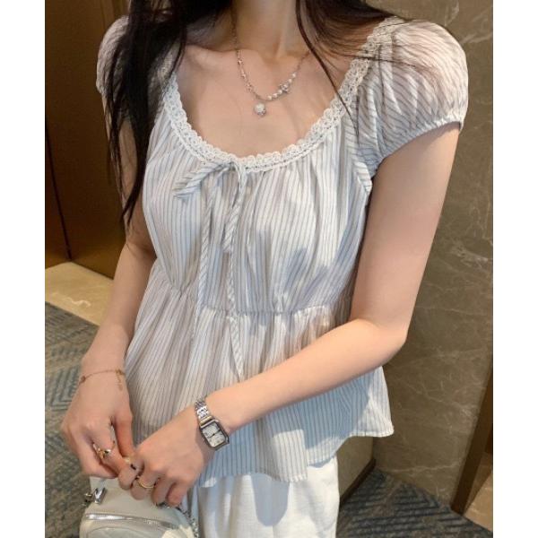 ブラウス シャツ ストライプリボン半袖ブラウス レディース