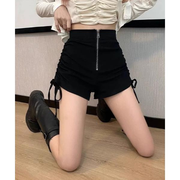 パンツ サイドギャザーストレッチフロントZIPショートパンツ レディース