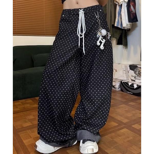 ワイドパンツ ジーンズ デニム デニムパンツ ドット柄ウエストレースアップワイドデニムパンツ レディ...