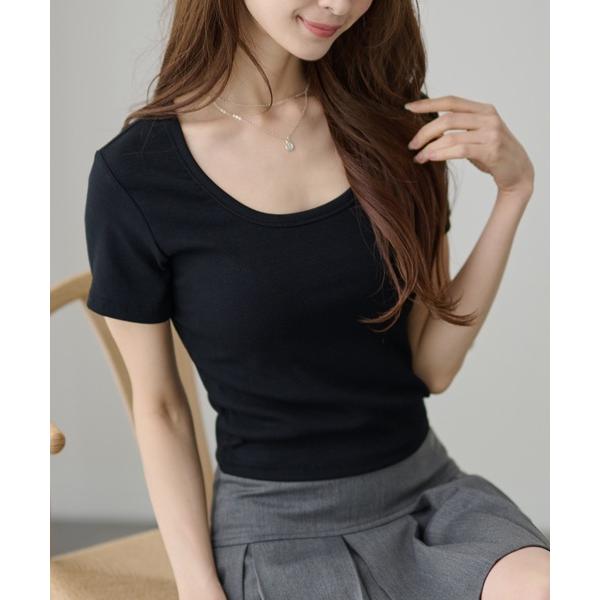 tシャツ 半袖 Uネック コンパクト 半袖 リブ トップス レディース
