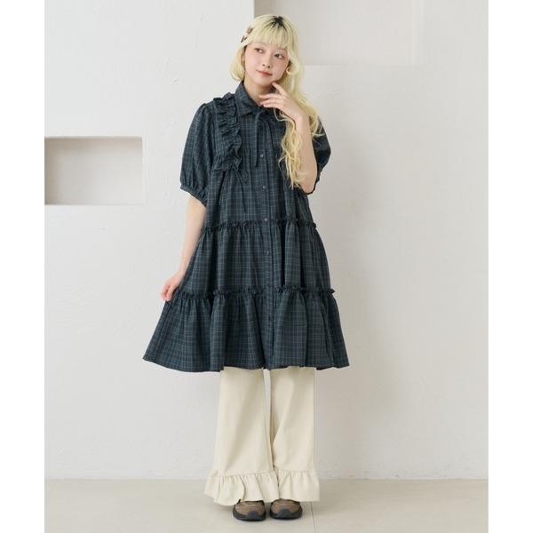 ワンピース 半袖 「紐付き」アソートフリルティアードシャツワンピース / チュニック
