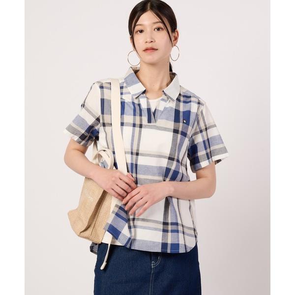 ブラウス シャツ 半袖 マドラスチェック スキッパーシャツ レディース