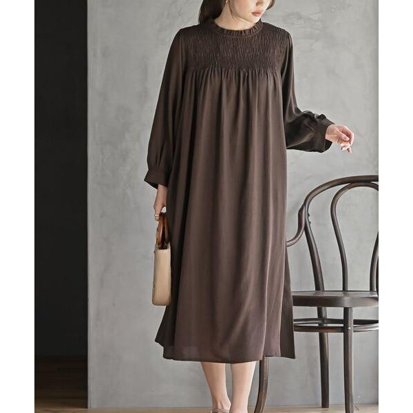 ワンピース レーヨン麻スモッキング７分袖ワンピース