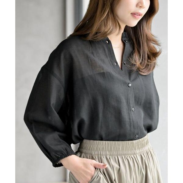 ブラウス シャツ フリルネック７分袖綿麻ブラウス レディース