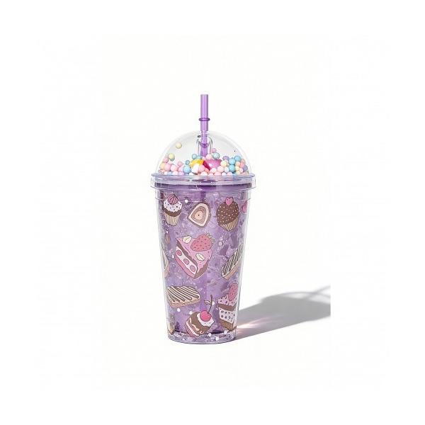 おもちゃ ストロー付きタンブラー（ドーナツ柄パープル）