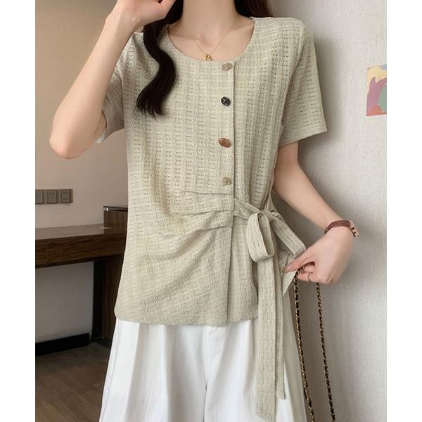 ブラウス シャツ サイドリボンデザイントップス / ボタン付き ニット風カットソー レディース