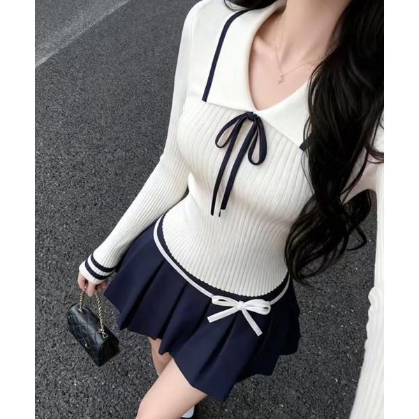 ニット セーター セーラーカラー風 リブニット 長袖 トップス レディース リボン タイト フィット...